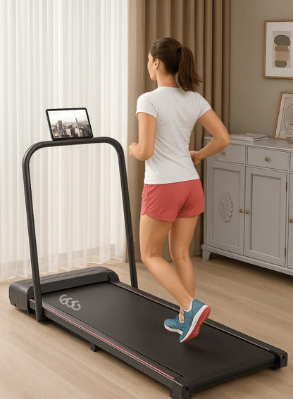 جهاز جري كهربائي احترافي 1.75 حصان قابل للطي 2 في 1 يتحمل 100 كيلو مع ميل يدوي مستويين وريموت كنترول مجهز بحامل آيباد وعجلات للحركة السهلة للاستخدام المنزلي واللياقة البدنية