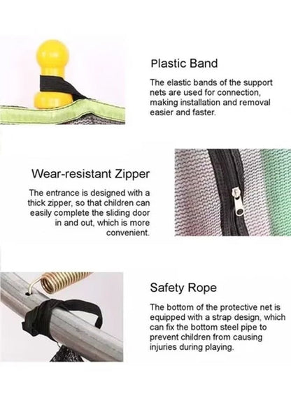 ترامبولين عالي التحمل للاستخدام الداخلي والخارجي، مزوّد بشبكة أمان لضمان تجربة قفز ممتعة وآمنة.