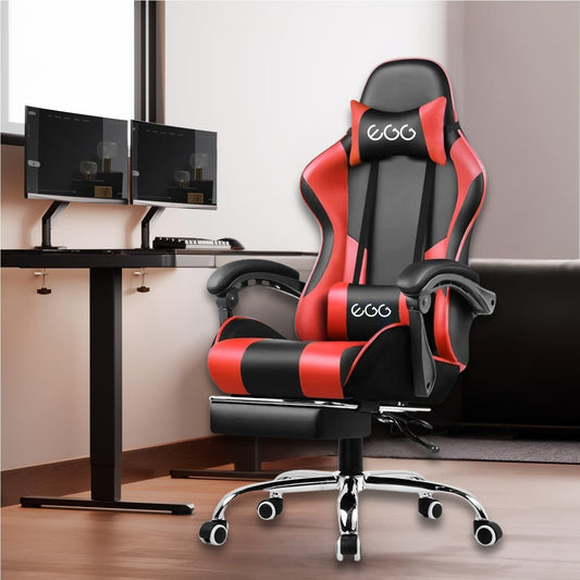 كرسي ألعاب كمبيوتر، كرسي ألعاب بظهر عالي، كرسي ألعاب إلكتروني مريح مع ميلان زاوي كبير وضبط ارتفاع، مع وسادة للرقبة والخصر والساق