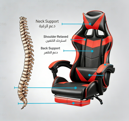 كرسي ألعاب كمبيوتر، كرسي ألعاب بظهر عالي، كرسي ألعاب إلكتروني مريح مع ميلان زاوي كبير وضبط ارتفاع، مع وسادة للرقبة والخصر والساق  سم جلد أسود