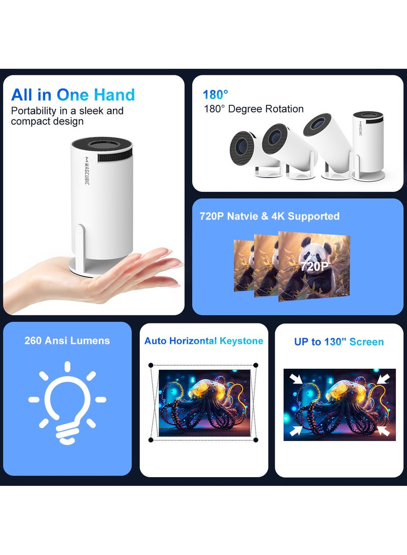 جهاز عرض محمول صغير بدقة 4K أندرويد 11 ,واي فاي 5G، بلوتوث 5.0 ,8000 لومن ,تصحيح تلقائي, جهاز عرض للهاتف والمنزل