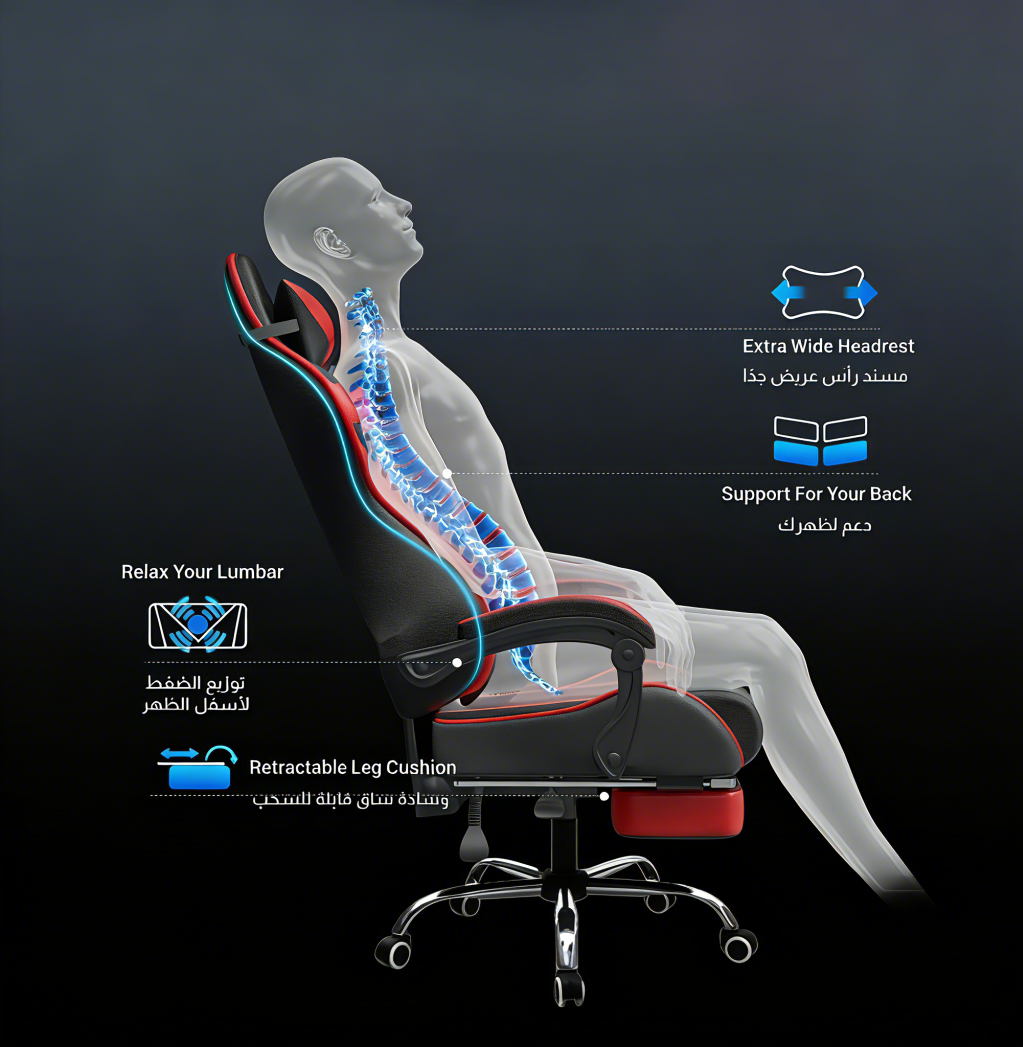كرسي ألعاب كمبيوتر، كرسي ألعاب بظهر عالي، كرسي ألعاب إلكتروني مريح مع ميلان زاوي كبير وضبط ارتفاع، مع وسادة للرقبة والخصر والساق  سم جلد أسود