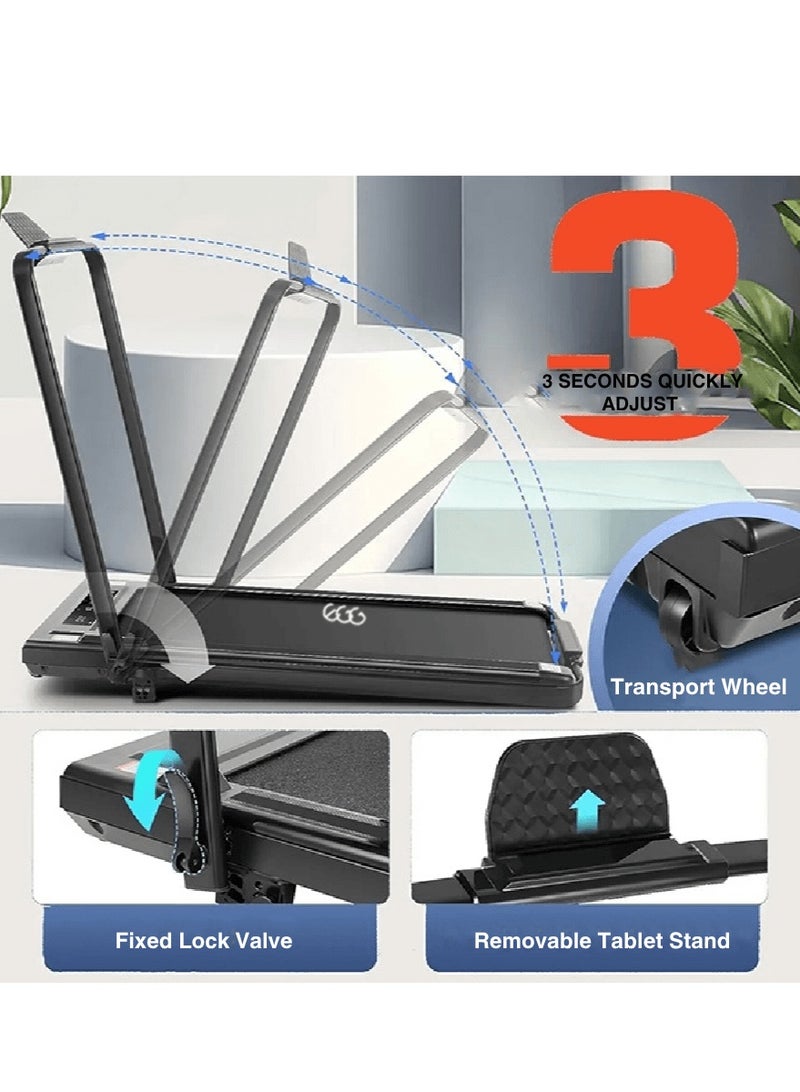جهاز جري كهربائي احترافي 1.75 حصان قابل للطي 2 في 1 يتحمل 100 كيلو مع ميل يدوي مستويين وريموت كنترول مجهز بحامل آيباد وعجلات للحركة السهلة للاستخدام المنزلي واللياقة البدنية