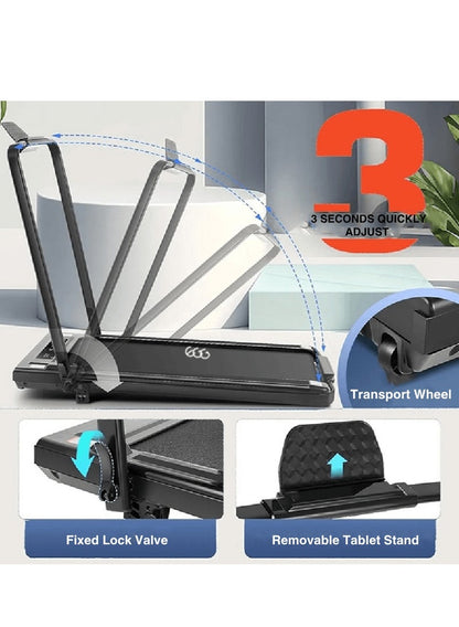 جهاز جري كهربائي احترافي 1.75 حصان قابل للطي 2 في 1 يتحمل 100 كيلو مع ميل يدوي مستويين وريموت كنترول مجهز بحامل آيباد وعجلات للحركة السهلة للاستخدام المنزلي واللياقة البدنية