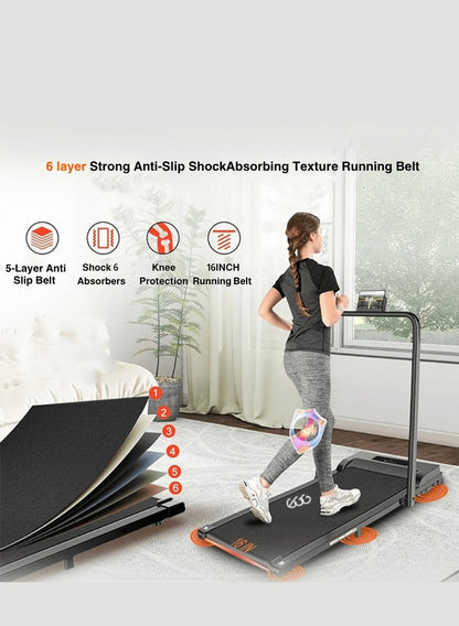 جهاز جري كهربائي احترافي 1.75 حصان قابل للطي 2 في 1 يتحمل 100 كيلو مع ميل يدوي مستويين وريموت كنترول مجهز بحامل آيباد وعجلات للحركة السهلة للاستخدام المنزلي واللياقة البدنية