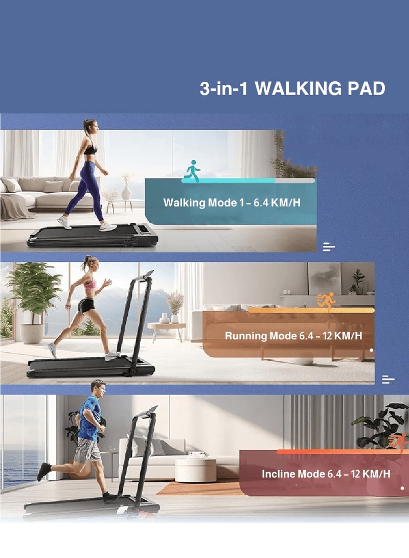 جهاز جري كهربائي احترافي 1.75 حصان قابل للطي 2 في 1 يتحمل 100 كيلو مع ميل يدوي مستويين وريموت كنترول مجهز بحامل آيباد وعجلات للحركة السهلة للاستخدام المنزلي واللياقة البدنية