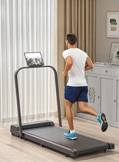 جهاز جري كهربائي احترافي 1.75 حصان قابل للطي 2 في 1 يتحمل 100 كيلو مع ميل يدوي مستويين وريموت كنترول مجهز بحامل آيباد وعجلات للحركة السهلة للاستخدام المنزلي واللياقة البدنية