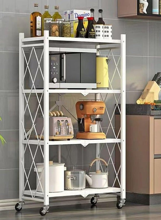 حامل تخزين للمطبخ و وحدة ارفف تخزين معدنية قوية على عربة متحركة للكراج والمطبخ والقبو والمخزن ، رفوف تخزين و منظمات مطبخ قابلة للطي بأربع طبقات سميكة مع عجلات ،ادراج تخزين بسعة كبيرة ، لون أبيض