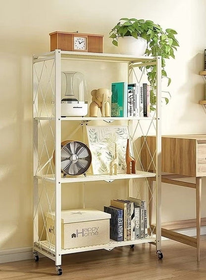 حامل تخزين للمطبخ و وحدة ارفف تخزين معدنية قوية على عربة متحركة للكراج والمطبخ والقبو والمخزن ، رفوف تخزين و منظمات مطبخ قابلة للطي بأربع طبقات سميكة مع عجلات ،ادراج تخزين بسعة كبيرة ، لون أبيض