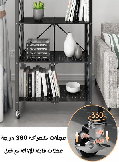 حامل تخزين للمطبخ حديد و وحدة ارفف تخزين معدنية قوية على عربة متحركة للكراج والمطبخ والقبو والمخزن ، رف تخزين قابل للطي , رفوف تخزين و منظمات مطبخ قابلة للطي بأربع طبقات سميكة مع عجلات ،ادراج تخزين بسعة كبيرة ، لون اسود