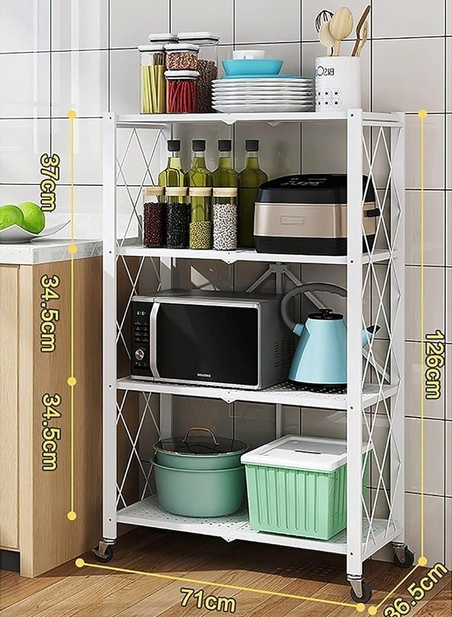 حامل تخزين للمطبخ و وحدة ارفف تخزين معدنية قوية على عربة متحركة للكراج والمطبخ والقبو والمخزن ، رفوف تخزين و منظمات مطبخ قابلة للطي بأربع طبقات سميكة مع عجلات ،ادراج تخزين بسعة كبيرة ، لون أبيض