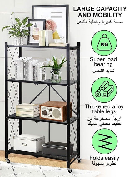 حامل تخزين للمطبخ حديد و وحدة ارفف تخزين معدنية قوية على عربة متحركة للكراج والمطبخ والقبو والمخزن ، رف تخزين قابل للطي , رفوف تخزين و منظمات مطبخ قابلة للطي بأربع طبقات سميكة مع عجلات ،ادراج تخزين بسعة كبيرة ، لون اسود
