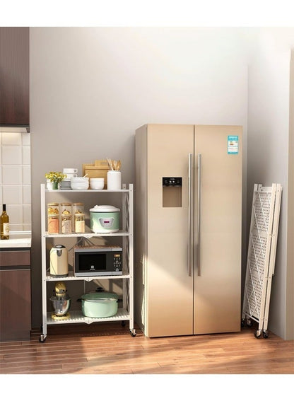 حامل تخزين للمطبخ و وحدة ارفف تخزين معدنية قوية على عربة متحركة للكراج والمطبخ والقبو والمخزن ، رفوف تخزين و منظمات مطبخ قابلة للطي بأربع طبقات سميكة مع عجلات ،ادراج تخزين بسعة كبيرة ، لون أبيض