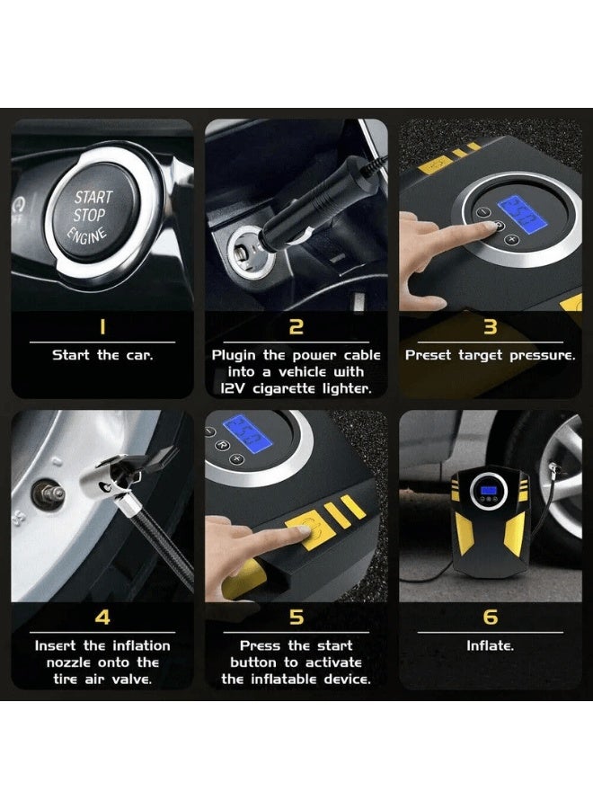 منفاخ إطارات السيارة الرقمي ضاغط هواء مع توقف تلقائي وإضاءة LED 12 فولت مضخة هواء محمولة سريعة للسيارة والدراجة النارية ومرتبة هوائية كروية