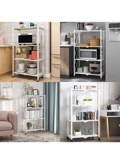 حامل تخزين للمطبخ و وحدة ارفف تخزين معدنية قوية على عربة متحركة للكراج والمطبخ والقبو والمخزن ، رفوف تخزين و منظمات مطبخ قابلة للطي بأربع طبقات سميكة مع عجلات ،ادراج تخزين بسعة كبيرة ، لون أبيض