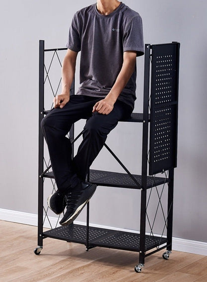 حامل تخزين للمطبخ حديد و وحدة ارفف تخزين معدنية قوية على عربة متحركة للكراج والمطبخ والقبو والمخزن ، رف تخزين قابل للطي , رفوف تخزين و منظمات مطبخ قابلة للطي بأربع طبقات سميكة مع عجلات ،ادراج تخزين بسعة كبيرة ، لون اسود