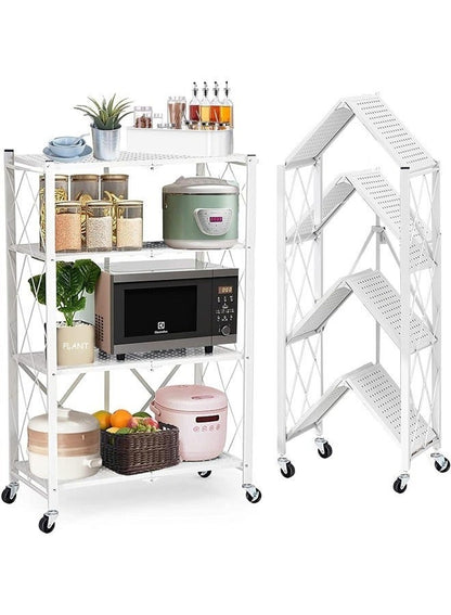 حامل تخزين للمطبخ و وحدة ارفف تخزين معدنية قوية على عربة متحركة للكراج والمطبخ والقبو والمخزن ، رفوف تخزين و منظمات مطبخ قابلة للطي بأربع طبقات سميكة مع عجلات ،ادراج تخزين بسعة كبيرة ، لون أبيض