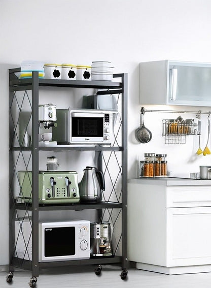 حامل تخزين للمطبخ حديد و وحدة ارفف تخزين معدنية قوية على عربة متحركة للكراج والمطبخ والقبو والمخزن ، رف تخزين قابل للطي , رفوف تخزين و منظمات مطبخ قابلة للطي بأربع طبقات سميكة مع عجلات ،ادراج تخزين بسعة كبيرة ، لون اسود