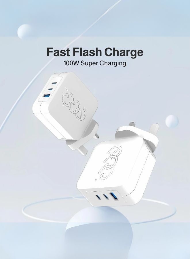 شاحن فائق السرعة GaN بقدرة 100 واط، ثلاثي المنافذ (USB-C ×2 + USB-A)، متوافق مع أجهزة Apple وAndroid وWindows تصميم مضغوط ومثالي للسفر (أبيض)