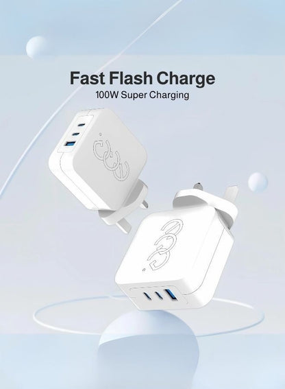 شاحن فائق السرعة GaN بقدرة 100 واط، ثلاثي المنافذ (USB-C ×2 + USB-A)، متوافق مع أجهزة Apple وAndroid وWindows تصميم مضغوط ومثالي للسفر (أبيض)