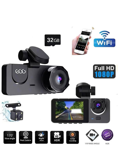 Dash Cam 4k Front and 1080P Rear Camera, 32GB Memory Card, 360° FHD 3-Channel Car Dash Cam, Built-in 2.0 Inch IPS Car Camera, Wide Angle and Night Vision | G Sensor and Loop Recording | WDR | App Co
