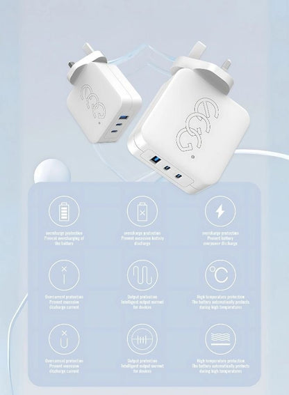 شاحن فائق السرعة GaN بقدرة 100 واط، ثلاثي المنافذ (USB-C ×2 + USB-A)، متوافق مع أجهزة Apple وAndroid وWindows تصميم مضغوط ومثالي للسفر (أبيض)