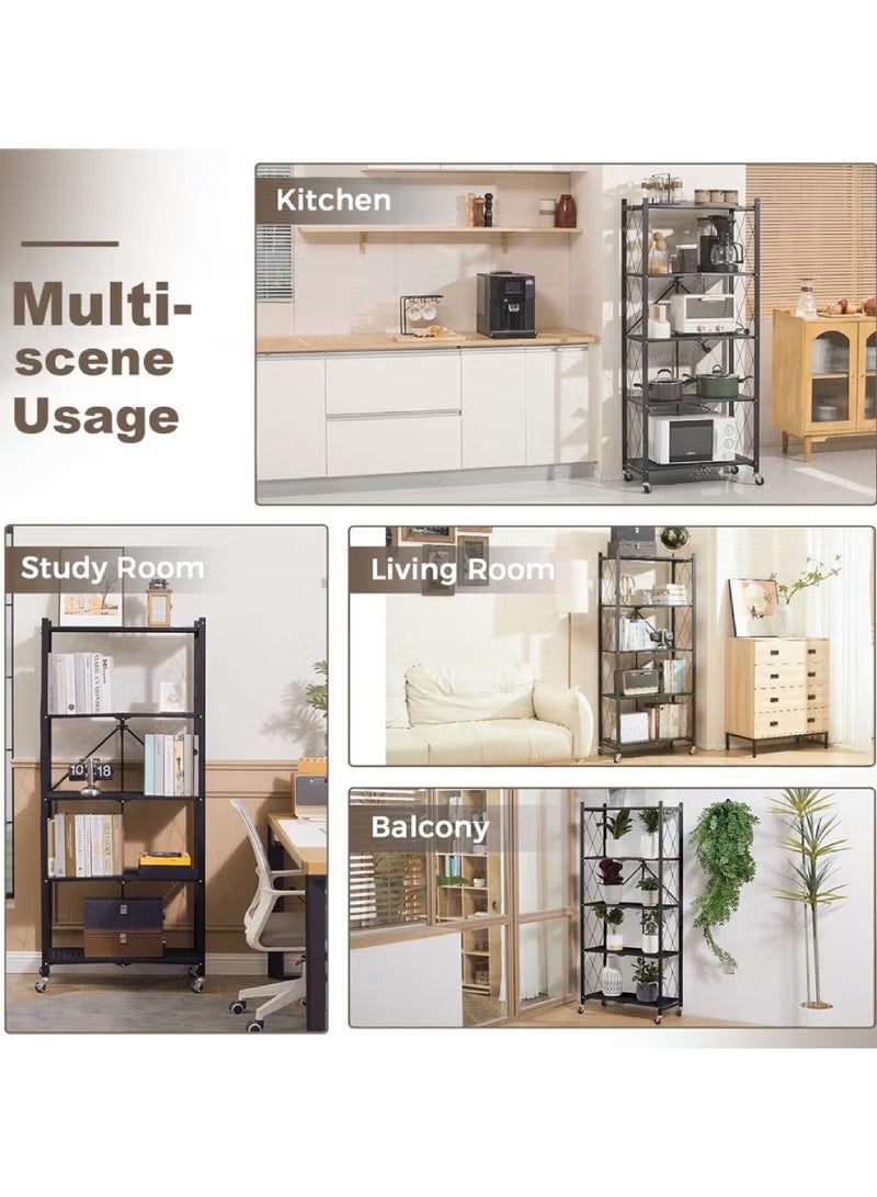 رفوف تخزين قابلة للطي بخمس طبقات سميكة مع عجلات، بدون تجميع، سعة كبيرة، وحدة رفوف معدنية قوية على عربة متحركة للكراج والمطبخ والقبو والمخزن (أسود، خمس طبقات)