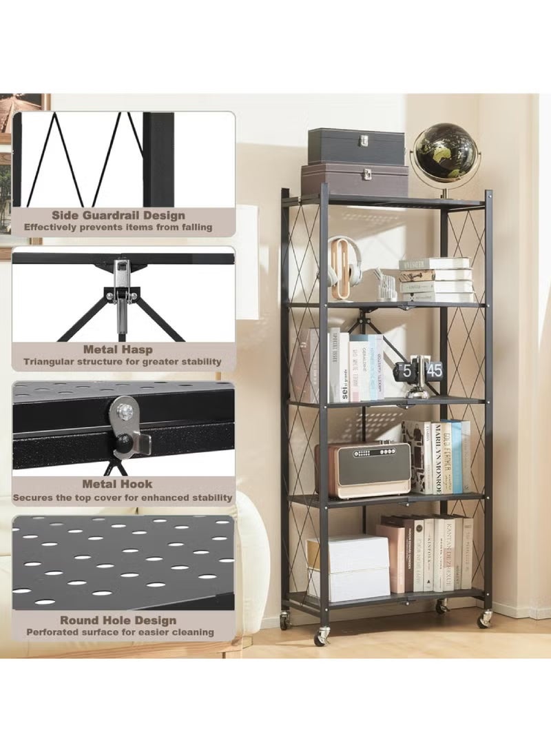 رفوف تخزين قابلة للطي بخمس طبقات سميكة مع عجلات، بدون تجميع، سعة كبيرة، وحدة رفوف معدنية قوية على عربة متحركة للكراج والمطبخ والقبو والمخزن (أسود، خمس طبقات)