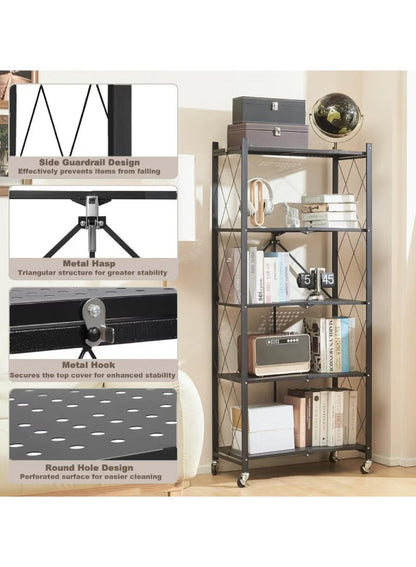 رفوف تخزين قابلة للطي بخمس طبقات سميكة مع عجلات، بدون تجميع، سعة كبيرة، وحدة رفوف معدنية قوية على عربة متحركة للكراج والمطبخ والقبو والمخزن (أسود، خمس طبقات)