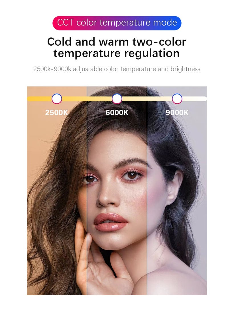 ضوء كاميرا محمول بألوان كاملة بقوة ٣٢٠٠ ملي أمبير، لوحة إضاءة كاميرا الهاتف بزاوية ٠-٣٦٠ درجة، مؤشر عرض الألوان ٩٥+ مع درجة حرارة لونية من ٢٥٠٠ إلى ٩٠٠٠ كلفن، ٢٠ تأثير إضاءة، إضاءة ليد قابلة لإعادة الشحن للتصوير الفوتوغرافي ومؤتمرات الفيديو والمدونات