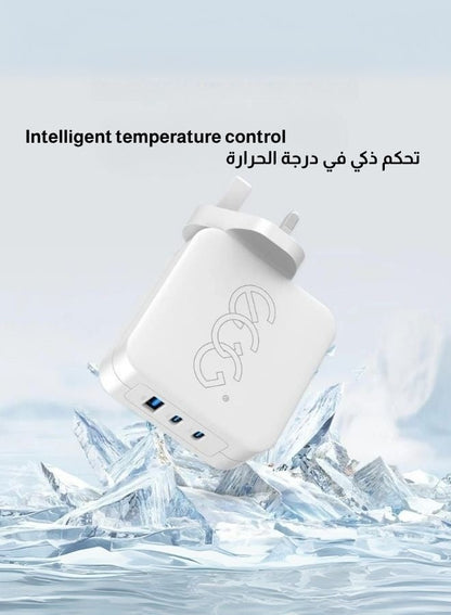شاحن فائق السرعة GaN بقدرة 100 واط، ثلاثي المنافذ (USB-C ×2 + USB-A)، متوافق مع أجهزة Apple وAndroid وWindows تصميم مضغوط ومثالي للسفر (أبيض)