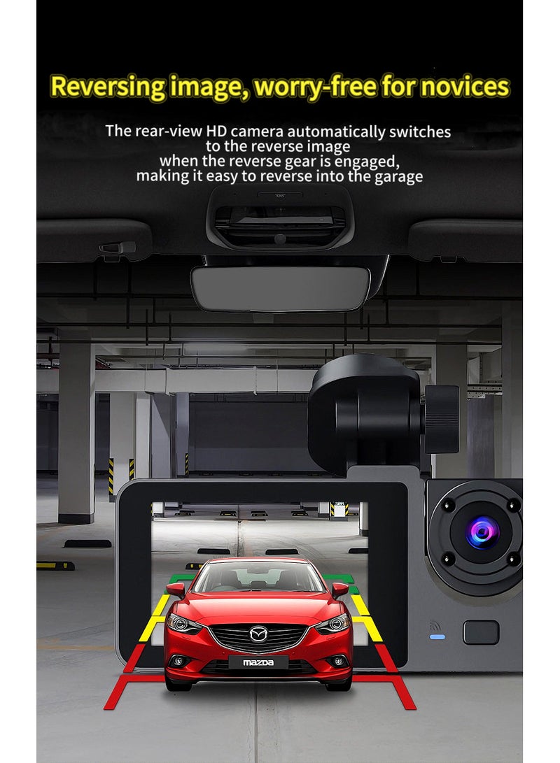 Dash Cam 4k Front and 1080P Rear Camera, 32GB Memory Card, 360° FHD 3-Channel Car Dash Cam, Built-in 2.0 Inch IPS Car Camera, Wide Angle and Night Vision | G Sensor and Loop Recording | WDR | App Co