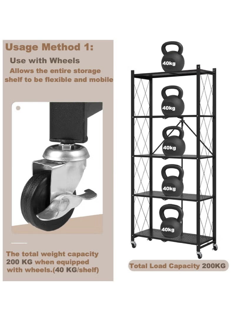 رفوف تخزين قابلة للطي بخمس طبقات سميكة مع عجلات، بدون تجميع، سعة كبيرة، وحدة رفوف معدنية قوية على عربة متحركة للكراج والمطبخ والقبو والمخزن (أسود، خمس طبقات)