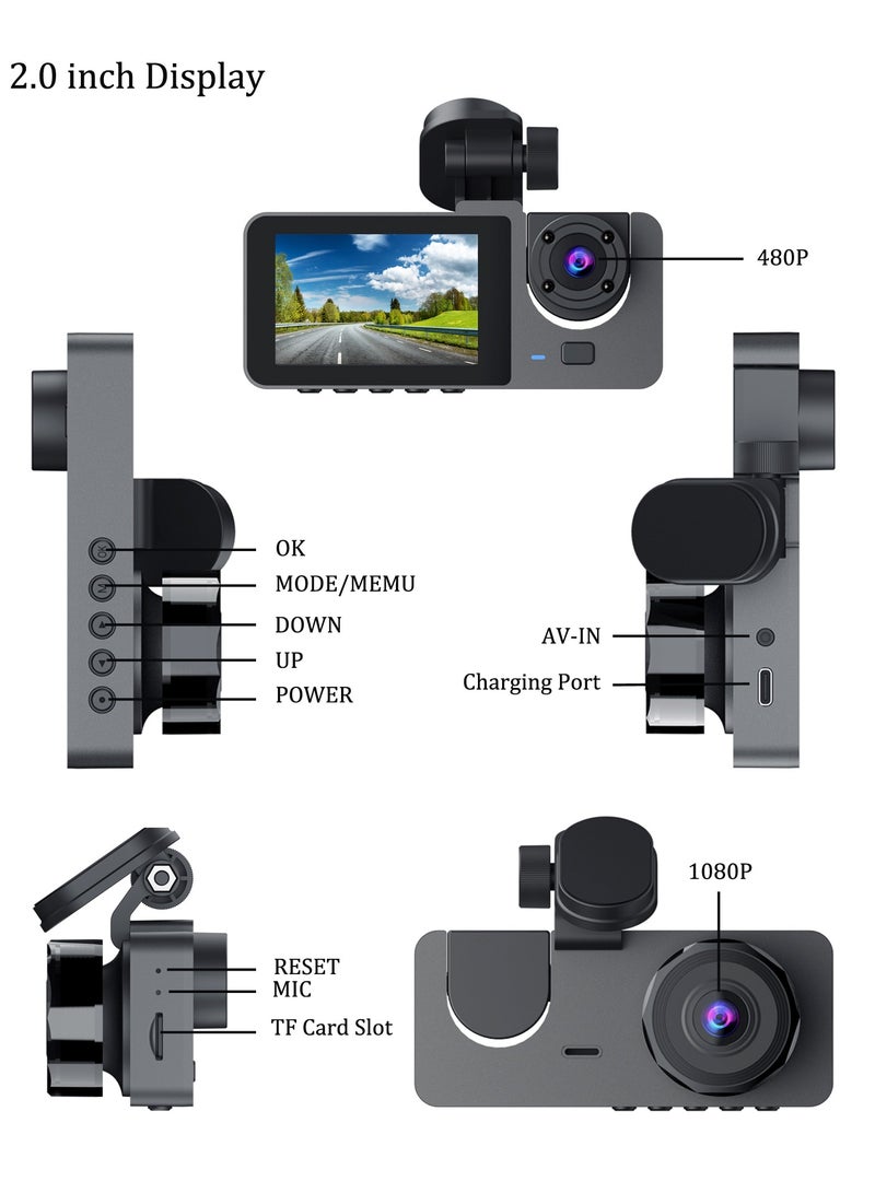 Dash Cam 4k Front and 1080P Rear Camera, 32GB Memory Card, 360° FHD 3-Channel Car Dash Cam, Built-in 2.0 Inch IPS Car Camera, Wide Angle and Night Vision | G Sensor and Loop Recording | WDR | App Co