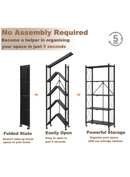 رفوف تخزين قابلة للطي بخمس طبقات سميكة مع عجلات، بدون تجميع، سعة كبيرة، وحدة رفوف معدنية قوية على عربة متحركة للكراج والمطبخ والقبو والمخزن (أسود، خمس طبقات)